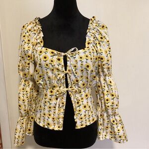Sunflower Print Tie-Front Puff Sleeve Blouse - Yellow